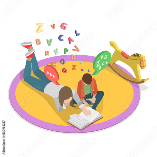 3D Isometric Flat Vector Set of Parents Learning with their Kids, Engaging In Educational Activities Together. Item 1