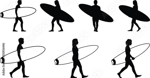 Silhouette surfers walking with surfboards, showcasing beach lifestyle movement, coastal adventure, summer sports activity, outdoor recreation and travel concept on white background
