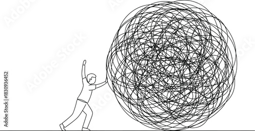 Man pushing complex scribble ball illustrating problem solving or mental burden