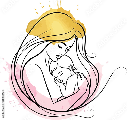 Mother holding her sleeping baby in tender embrace artwork illustration