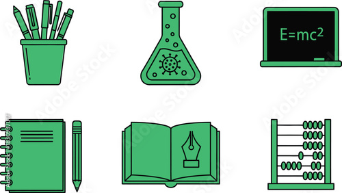 Science and education objects in green color for learning and knowledge