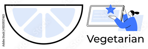 Woman interacting with tablet featuring highlighted content, accompanied by a stylized citrus slice. Ideal for healthy eating, recipe apps, plant-based diets, technology, education, wellness