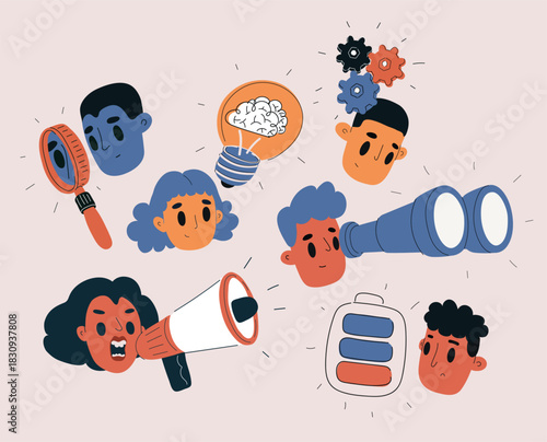 Vector illustration of diverse people: looking through magnifying glass, with light bulb, brain inside, gears turning, shouting into megaphone, low battery icon, person with binoculars, men and women