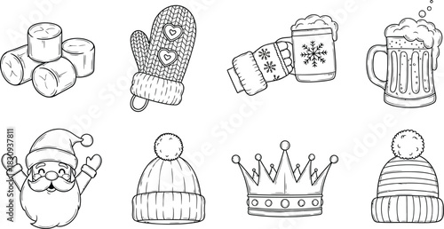 Winter Holiday Doodle Collection with Marshmallows Mitten Santa Beer and Hats