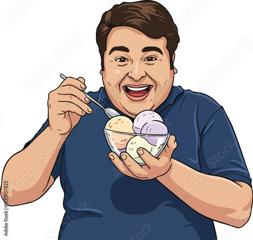 A fat man having ice cream in glass bowl vector illustration