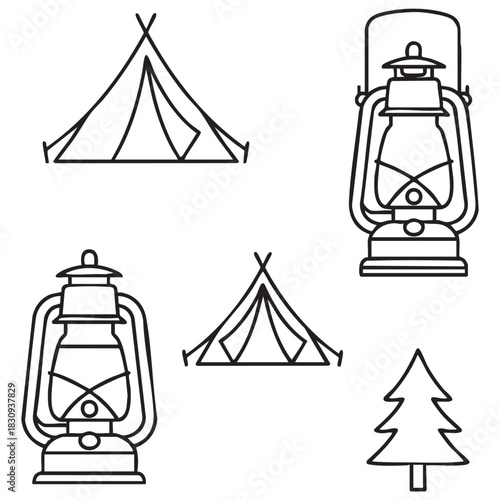 Camping Line Art Clipart Set – Tent, Lantern & Pine Tree Minimal Vector Icons 