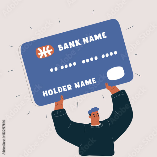 Vector illustration of a man raising a bank card like a triumphant flag