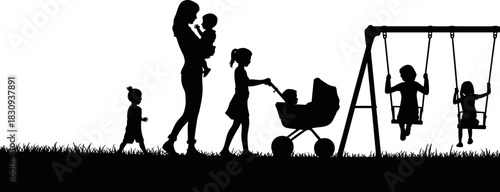Mother and Children Playing Outdoors Silhouette: Vector Graphic of Woman with Baby and Kids on Swings, Representing Family Life, Motherhood, Childcare, and Public Park Recreation Activity.
