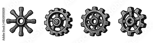  Gears vintage engraving icons set, mechanical cogwheels and settings