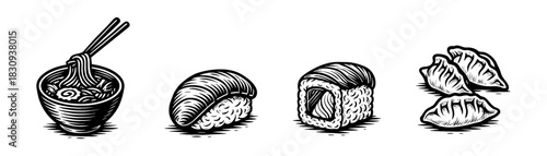  Asian food vintage engraving icons set, rice bowl sushi tofu dumplings