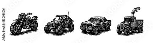 Post apocalyptic vehicles vintage engraving icons set, armored car and bike