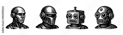 Robot heads vintage engraving icons set, android portraits collection