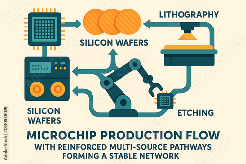 Microchip production flow diagram showing silicon wafers, lithography, etching, and robotic arm in stable network with reinforced multi source pathways for semiconductor manufacturing