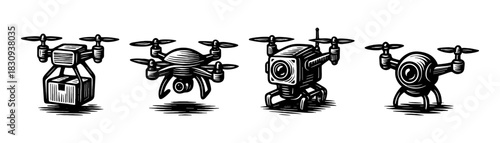 Drone quadcopter vintage engraving icons set, aerial camera UAV