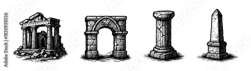  Ancient architecture vintage engraving icons set, temple arch column obelisk