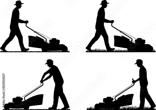 Set of Gardener Silhouettes Pushing Lawn Mower: Vector Graphic Illustrating Man Cutting Grass, Representing Yard Work, Landscaping Service, Home Maintenance, and Outdoor Gardening Chores.