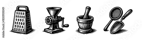 Kitchen tools vintage engraving icons set, grater meat grinder mortar mirror