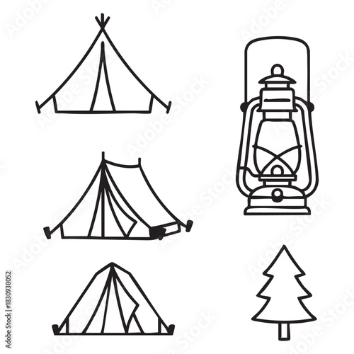 Camping Line Art Clipart Set – Tent, Lantern & Pine Tree Minimal Vector Icons 