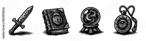 Magic fantasy vintage style engraving icons, occult witchcraft set