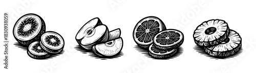 Fruit slices vintage engraving icons set, kiwi apple orange pineapple