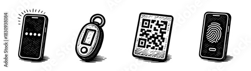  Digital access vintage engraving icons set, smartphone QR code key fob