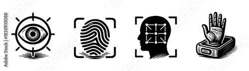 Biometric scanning vintage engraving icons set, iris fingerprint face and hand