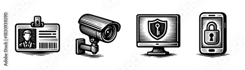 Security and CCTV vintage engraving icons set, ID access cyber protection