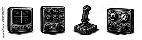 Control panels vintage engraving icons set, joystick and gauges