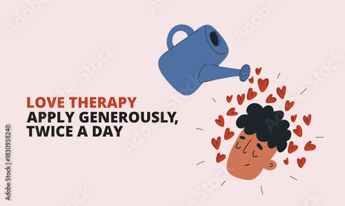 Vector illustration of man being showered with hearts from a watering can, symbolizing love, care, and affection