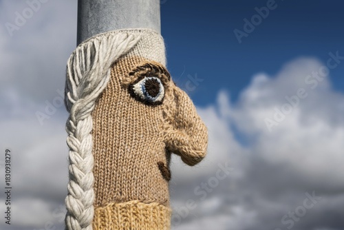 Knitting art or guerrilla knitting, lamppost, Blönduós, Norðurland, Iceland