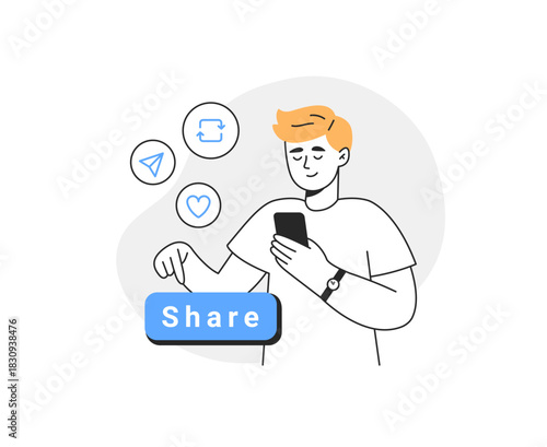 A man sharing a post on social media. Online communication and social media concept. Vector linear illustration on a white background.
