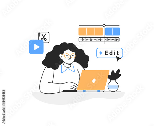 A woman is editing a video on a laptop. Storyboard and video editing concept. Vector linear illustration on a white background.