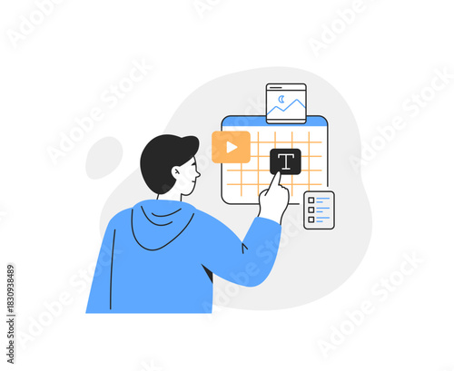  man is planning content on a calendar. Online creativity and social media production concept. Vector linear illustration on a white background.