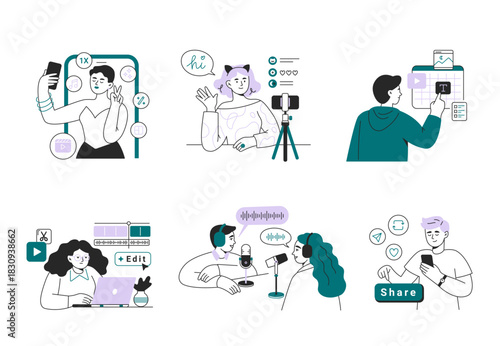 Content creators. Online creativity and social media production concept. Vector linear illustrations on a white background.