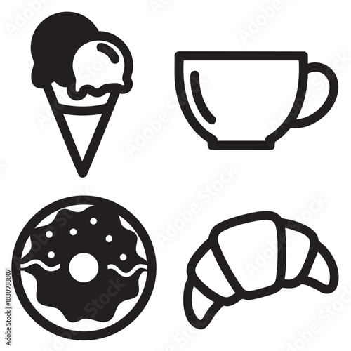 Food Line Art Clipart – Ice Cream, Coffee Cup & Donut Minimal Vector Icons