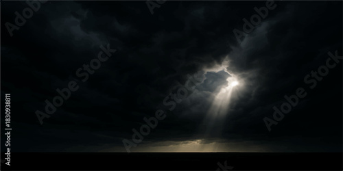 Dramatic night storm lightning illuminates the dark sky and clouds