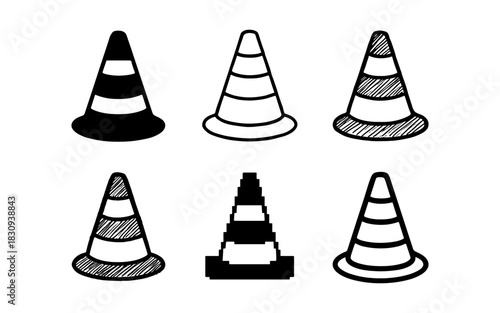 Set of traffic cone icons in various styles and designs