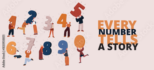 Vector illustration of people interacting with large numbers, symbolizing data, analytics, and financial growth. , 0, 1, 2, 3, 4, 5, 6, 7, 8, 9,