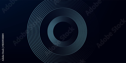 Blue abstract background with glowing circles. Swirl circular lines pattern. Geometric spiral. Twirl element. Modern graphic design. Futuristic technology concept.