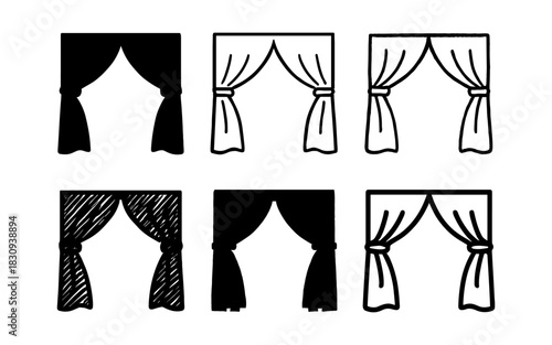 Set of six hand-drawn curtain designs in black and white
