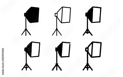 Set of minimalist black and white camera light icons on tripods