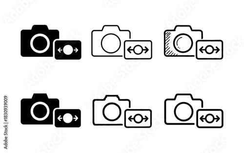 Camera icon set with focus adjustment symbols in various styles