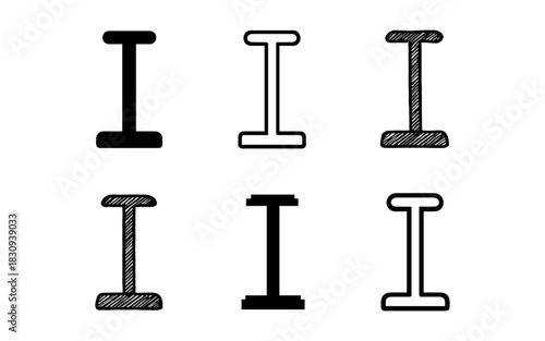 Set of six i-beam silhouette designs in various styles and patterns