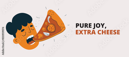 Vector illustration of a man enjoying pizza like holding a warm slice of happiness