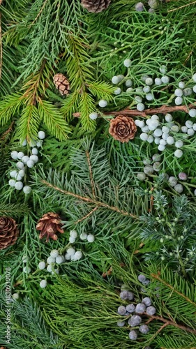 Rotating Christmas Background with Pine, Fir and Juniper Branches. Eco-Friendly Festive Background – Evergreen Branches on Turntable. Holiday Season Natural Decor Vertical Video