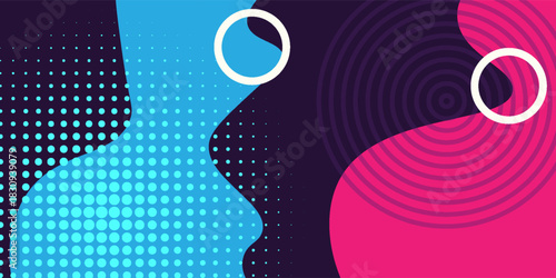 Graphic design images in the Art and Modern style using bright colors and modern geometric elements to create a highlight for various elements. The main colors include bright blue, pink and white.