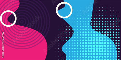 Graphic design images in the Art and Modern style using bright colors and modern geometric elements to create a highlight for various elements. The main colors include bright blue, pink and white.