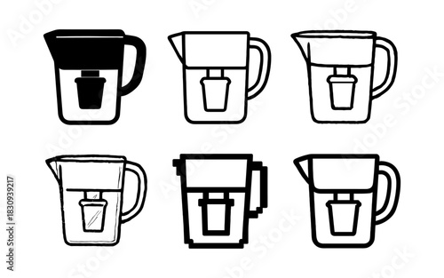 Collection of six minimal water filter icons in various styles