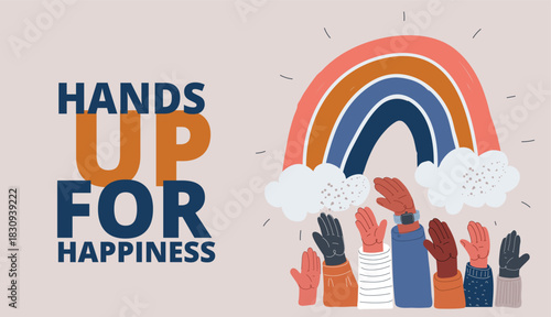 Vector illustration of person raising hands with a rainbow above, symbolizing joy, hope, and celebration