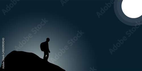 backpacker on mountain background full moon in night time